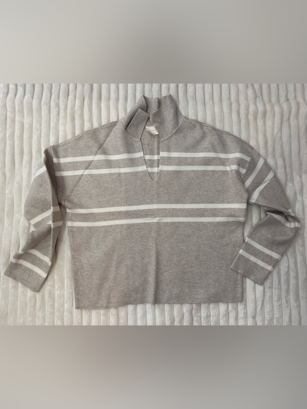 Womens Taupe and Cream Striped Knit Sweater - Mock Neck